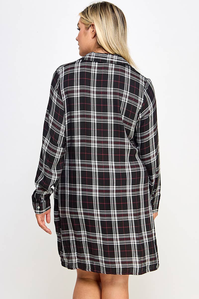 Plus Long Sleeve Plaid Side Tie Dress