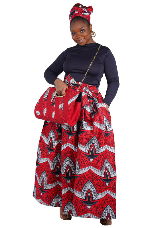African Long Maxi Skirt, Handbag and Head Wrap Set Black Red White