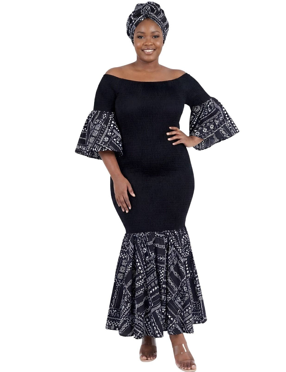 Black White Mud Cloth Trim Long Smocked Mermaid/Fish Tail Dress