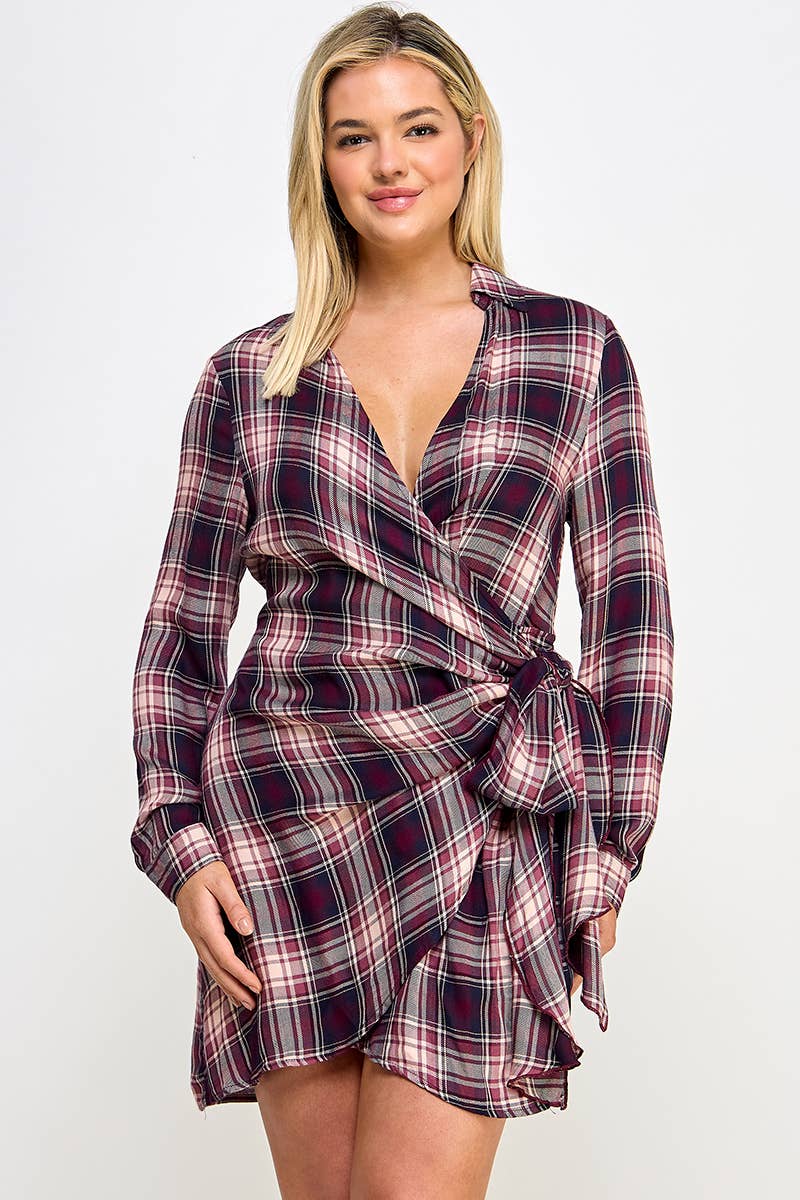 Plus Long Sleeve Plaid Side Tie Dress