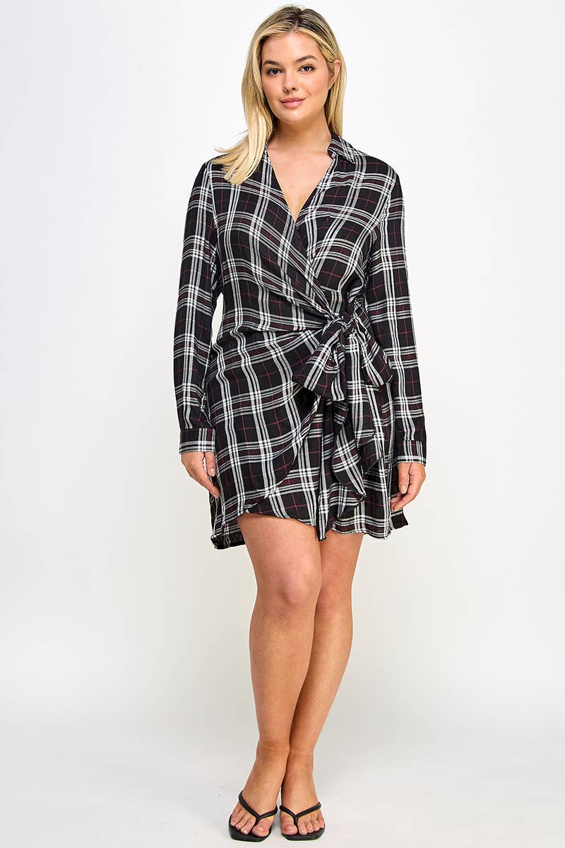 Plus Long Sleeve Plaid Side Tie Dress
