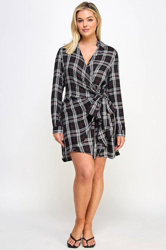 Plus Long Sleeve Plaid Side Tie Dress