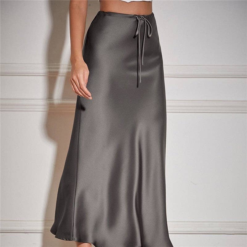 Gray High Waist Drawstring Belted Satin Maxi Skirt