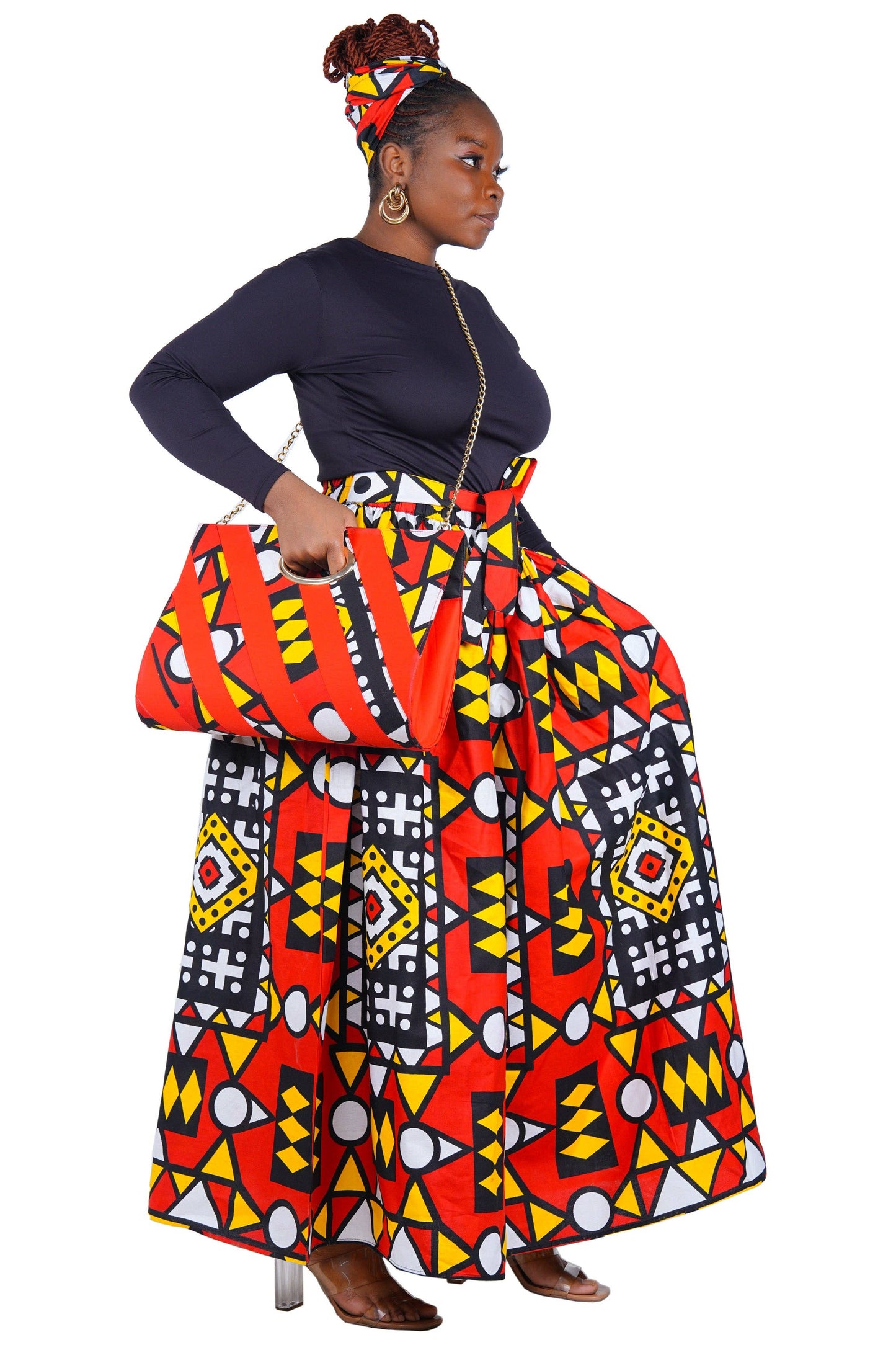 African Long Maxi Skirt With Handbag and Headwrap