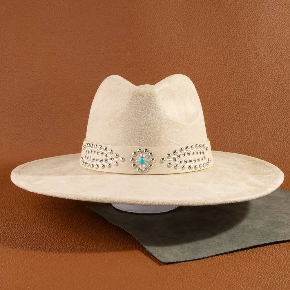 Ivory Western Studded Strap Faux Suede Fedora Hat